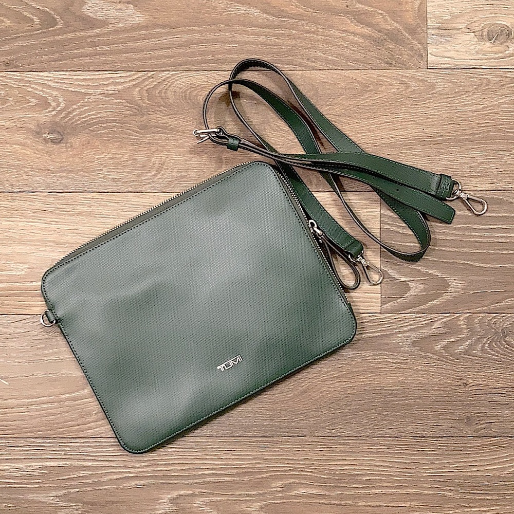 TUMI slim zip green leather crossbody for iPad
